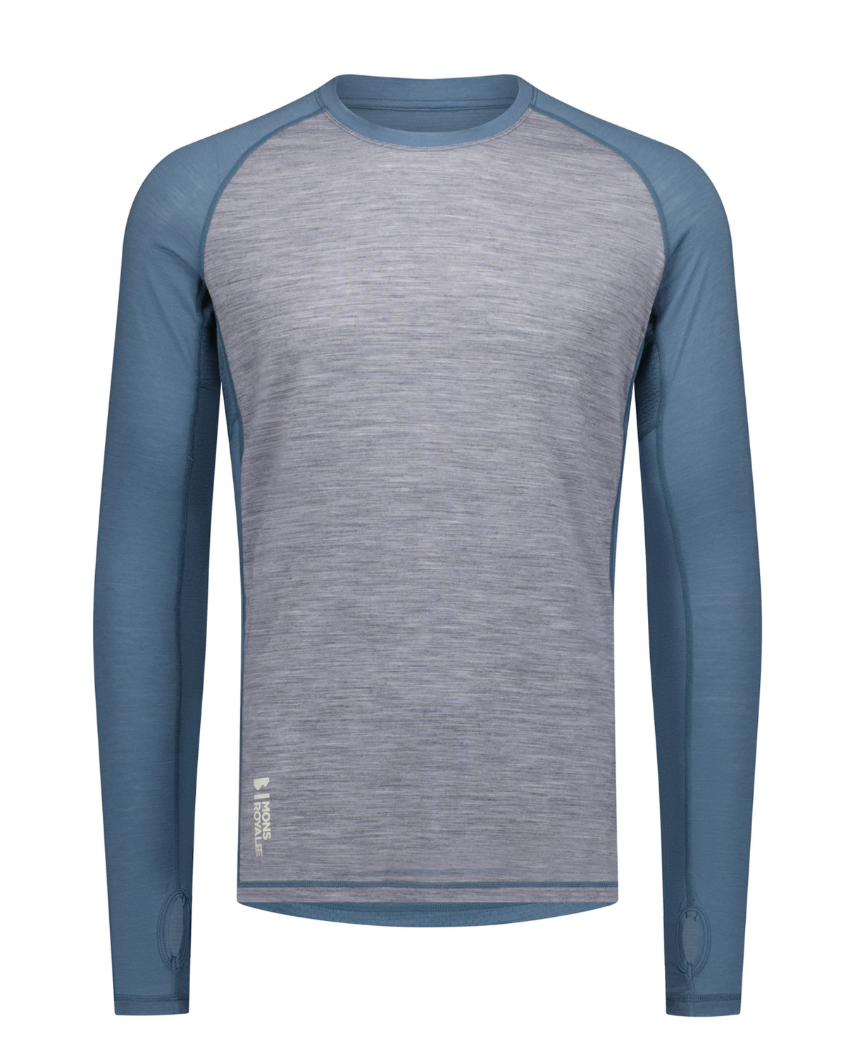 Mons Royale Mens Temple Merino Long Sleeve - Grey Heather / Goblin Blue