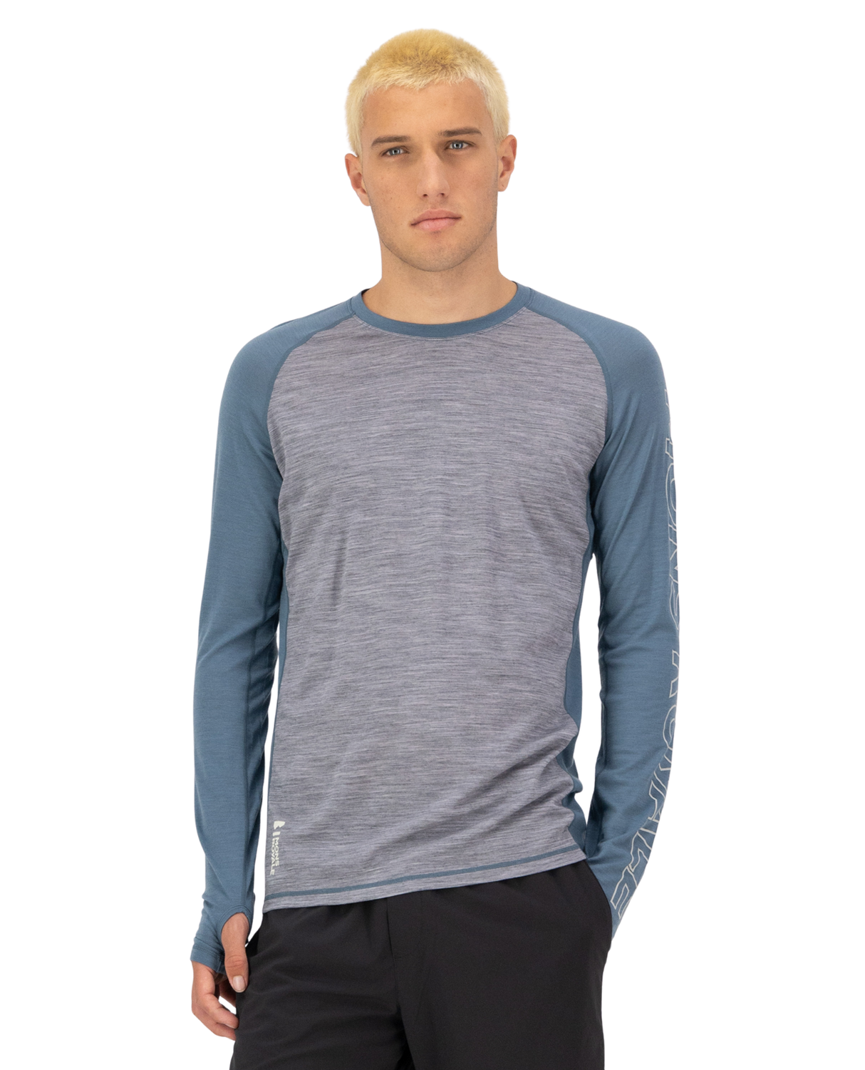 Mons Royale Mens Temple Merino Long Sleeve - Grey Heather / Goblin Blue