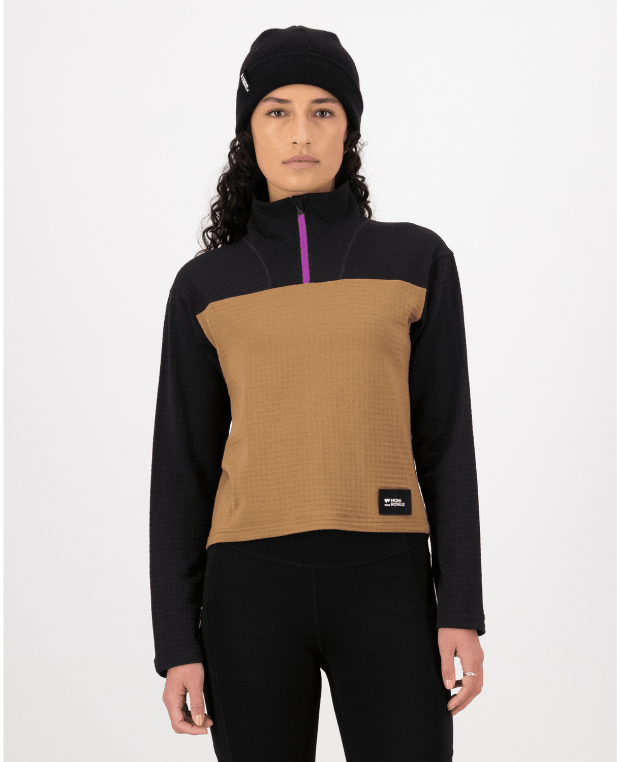 Mons Royale Womens Offgrid Merino Fleece Long Sleeve - Black / Toffee - Underställ - Alpingaraget