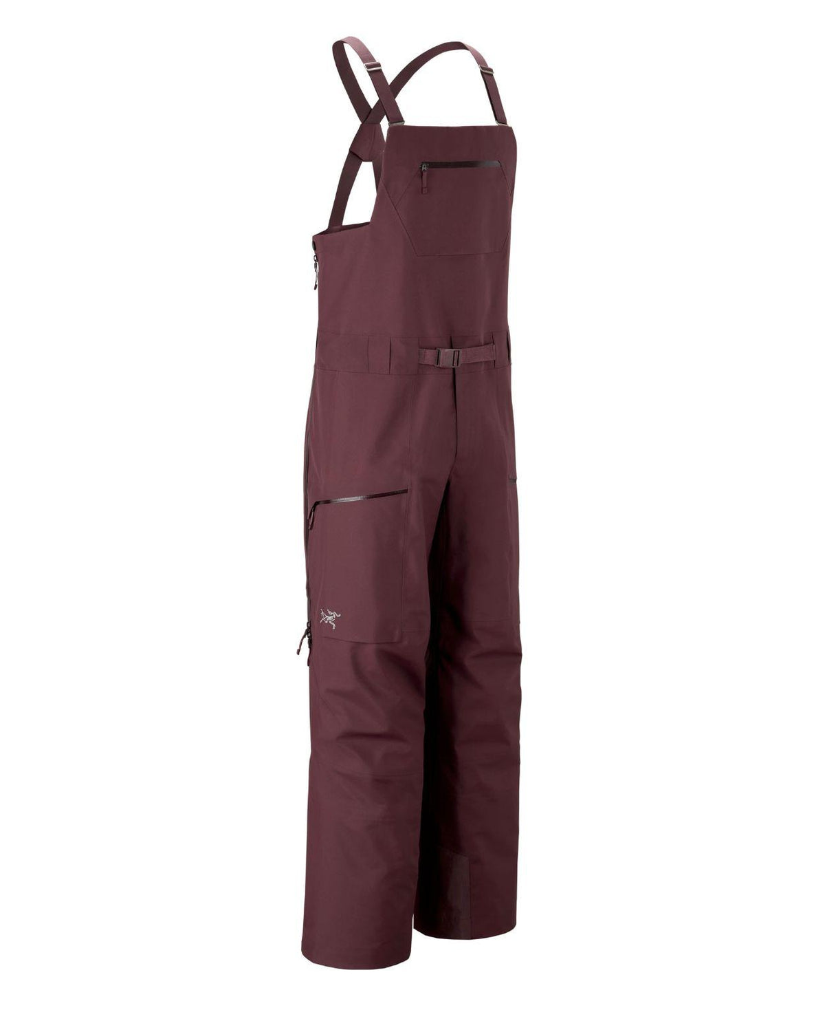 Arc'teryx Sabre Bib Men skidbyxor i lila färg med hängslen och tekniska fickor, visade från sidan.