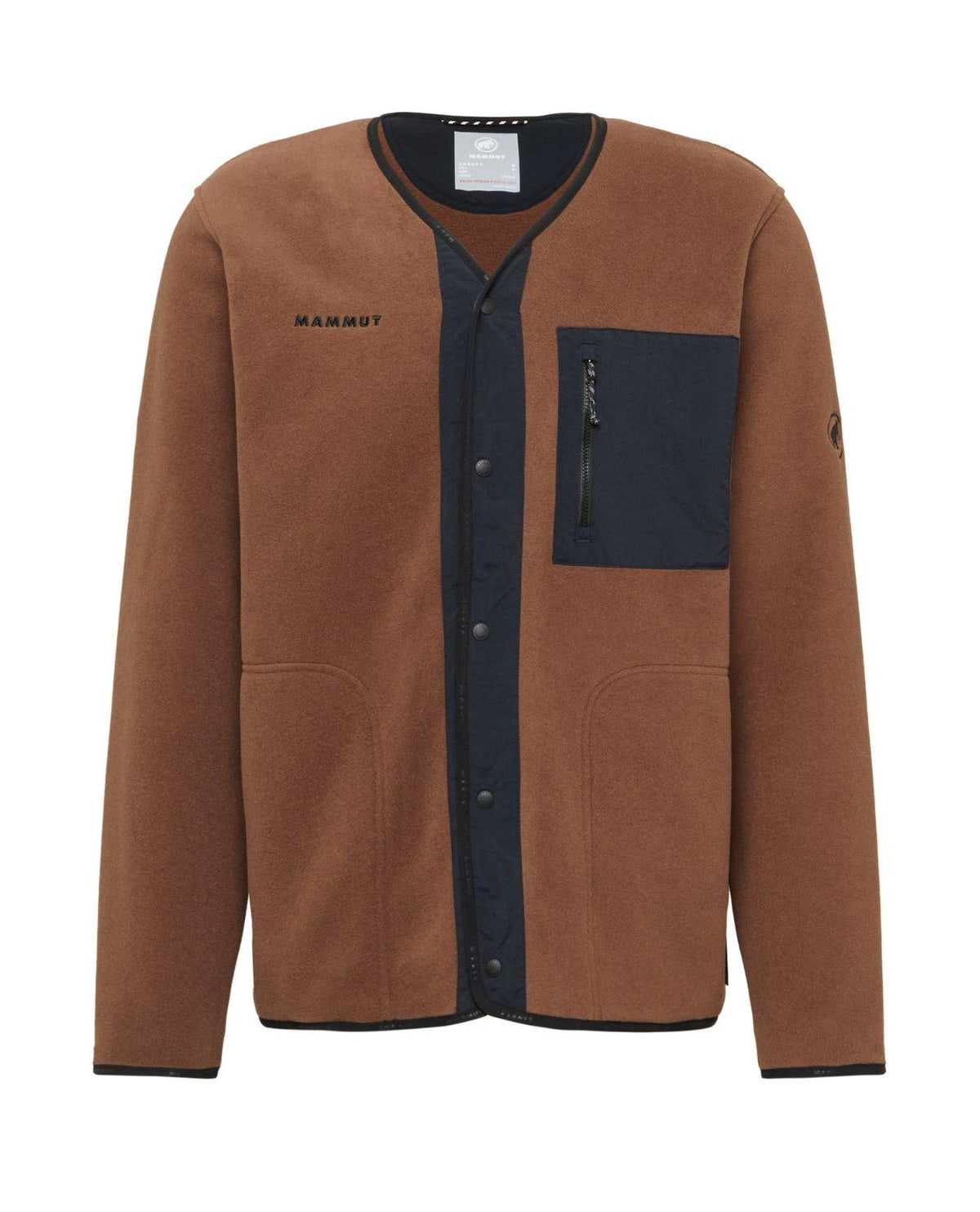 Mammut Moonstone Hybrid ML Cardigan i jordbrun och svart färg med bröstficka och tryckknappar.