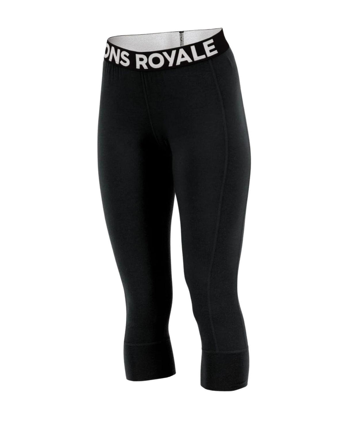 Svart damunderställ med 3/4-längd och elastisk midja med vit Mons Royale-logotyp.