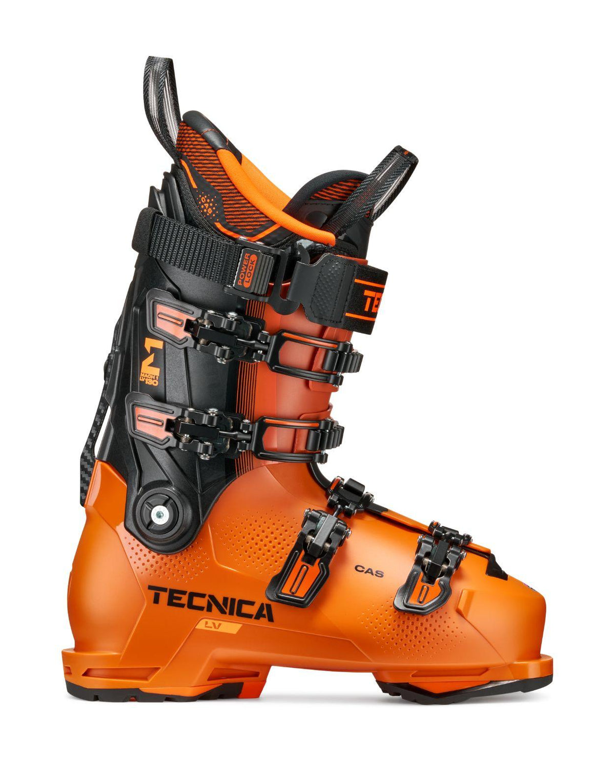 Tecnica Mach1 LV 130 TD2 GW alpinpjäxa i orange och svart färg.