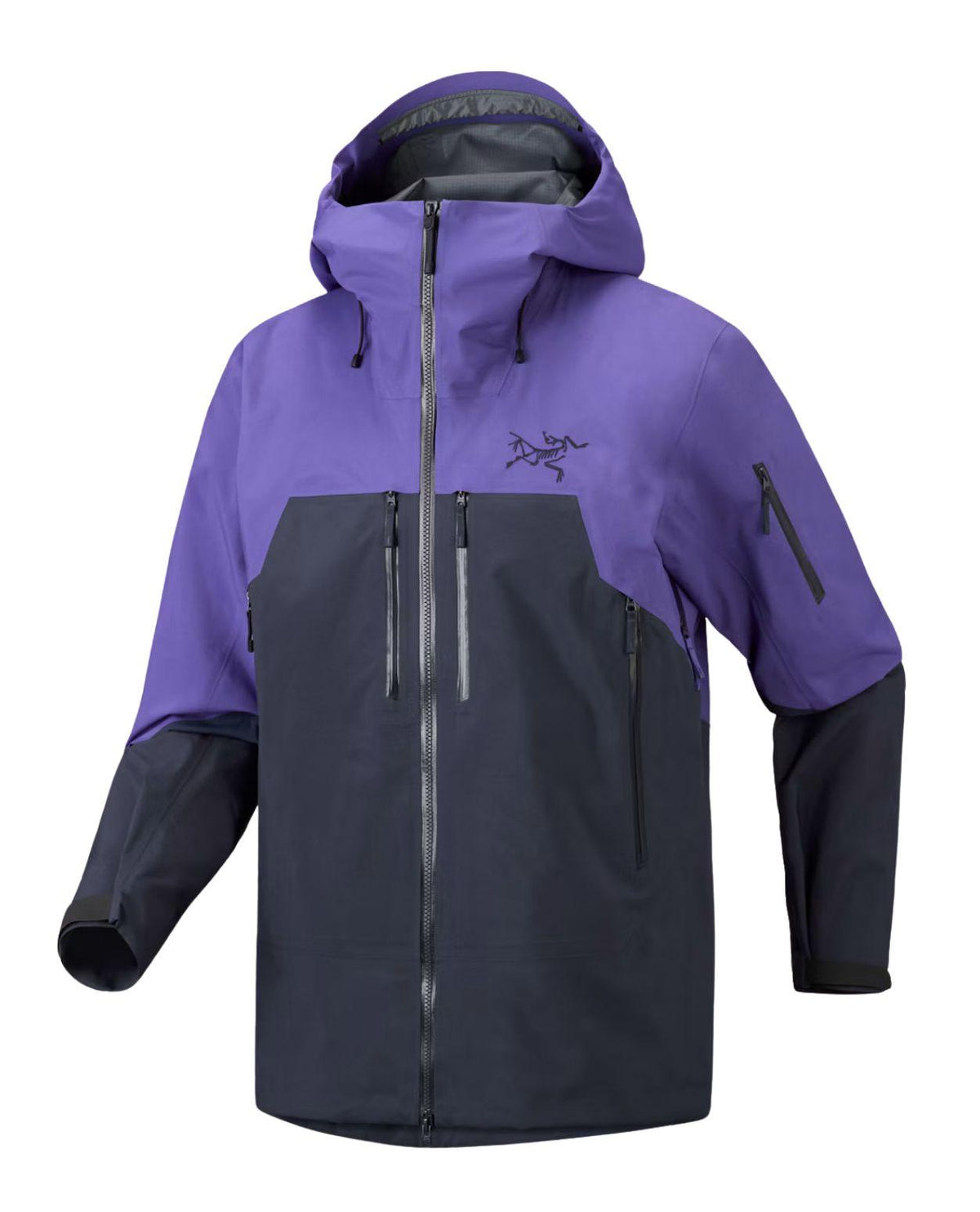 Lila och mörkblå skidjacka från Arc'teryx med huva, dragkedjor och bröstfickor.