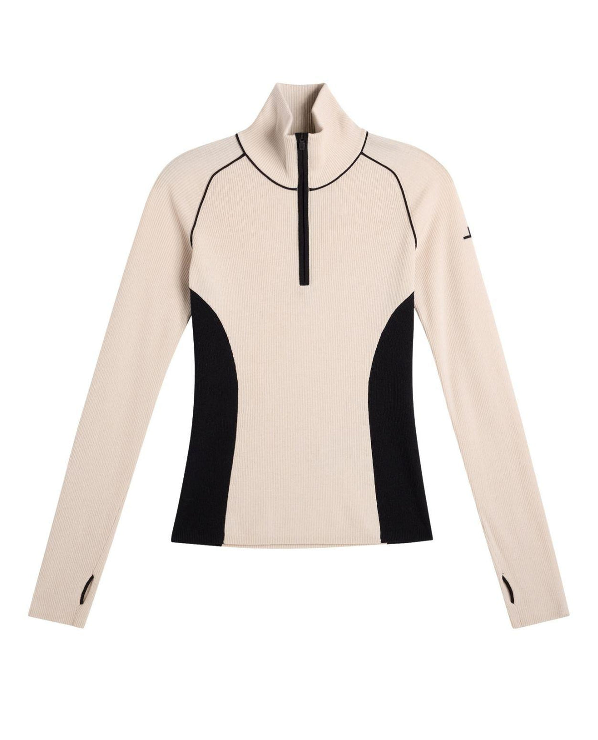 J.Lindeberg Valley Knitted Rib Quarter Zip damtröja i beige och svart med hög krage.
