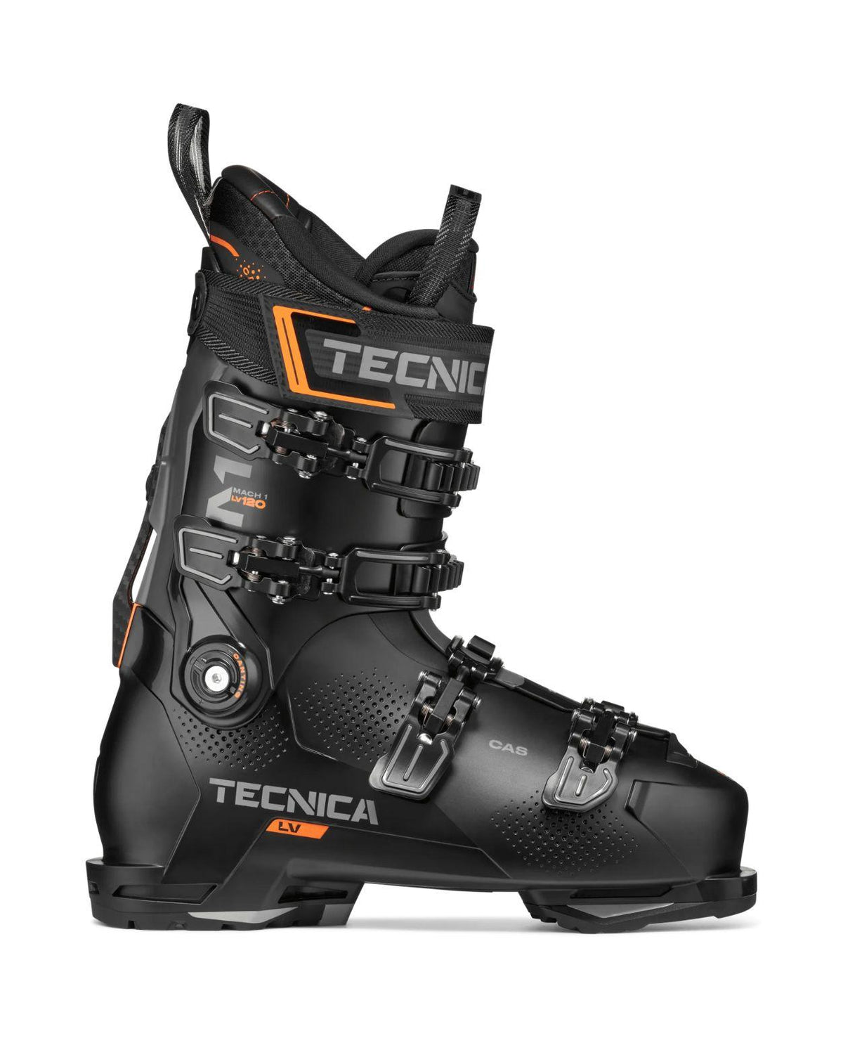 Tecnica Mach1 LV 120 TD2 alpinpjäxa i svart och orange färg från sidan. Alpingaraget.