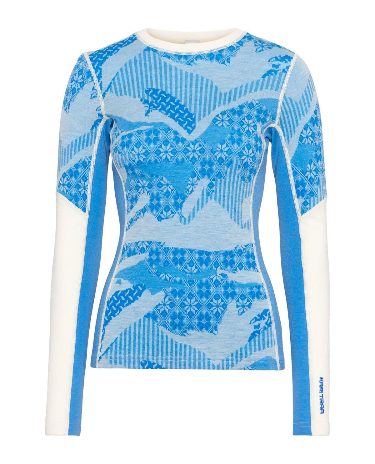 Kari Traa Olea Long Sleeve - Ocean - Blå merinoullunderställ för dam med nordiskt inspirerat mönster.