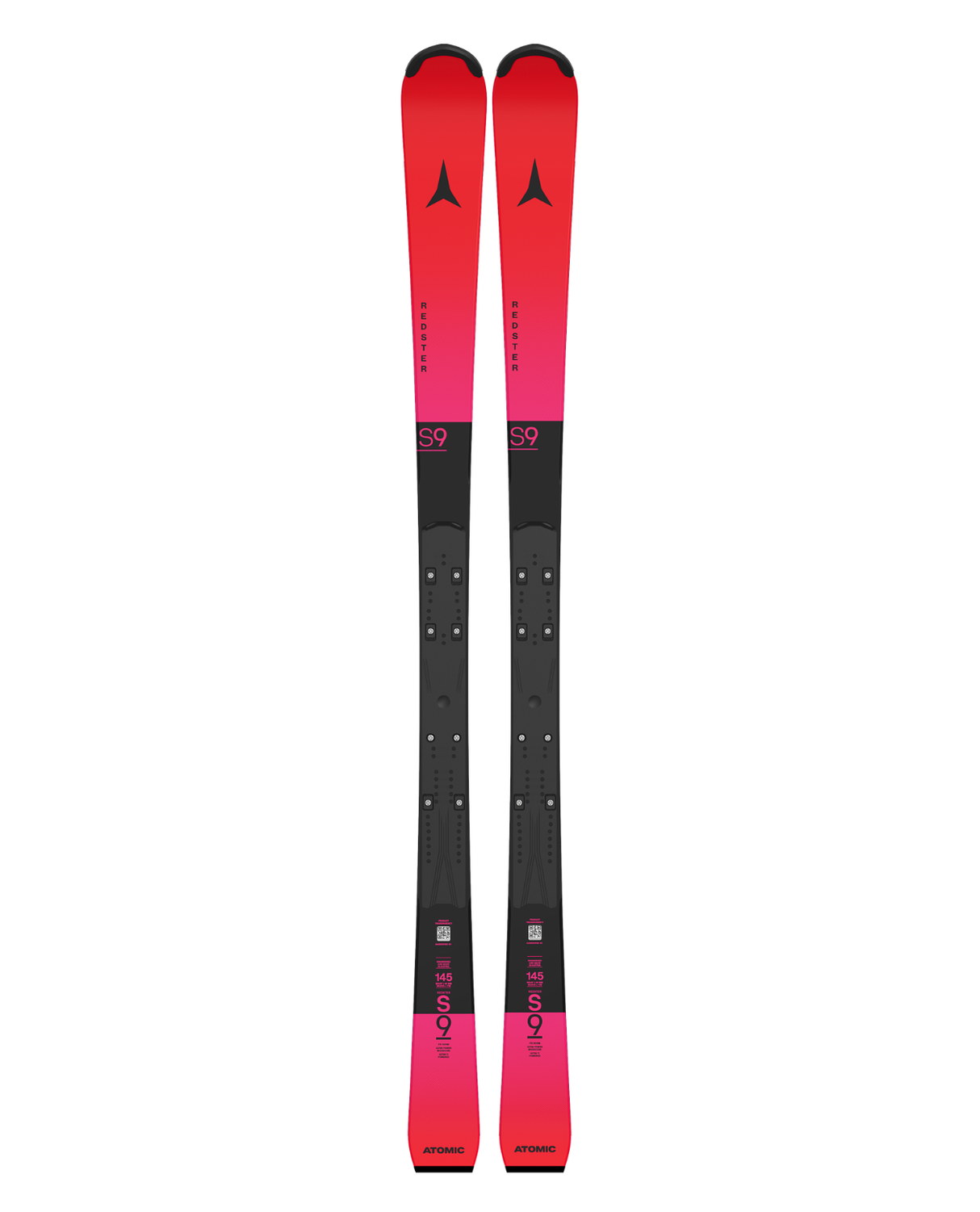 Röda och svarta Atomic Redster S9 FIS J-RP³ junior-slalomskidor med kraftfull raceplatta för tävling.