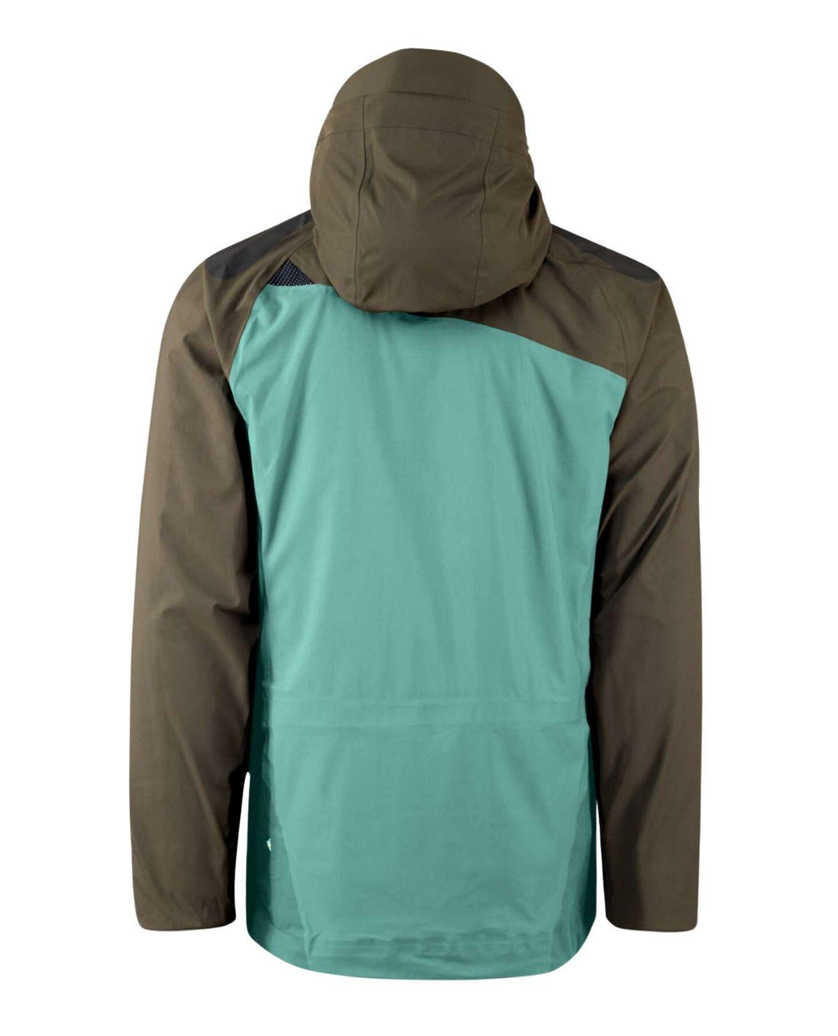 Klättermusen Svalinn Hood Jacket Men i färgerna Mineral Blue och Rosin Green visas bakifrån med huva.