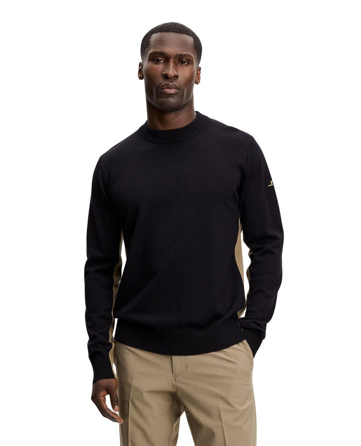 J.Lindeberg Chester Side Stripe Knit Crew tröja för herrar i svart med beige sidopaneler.