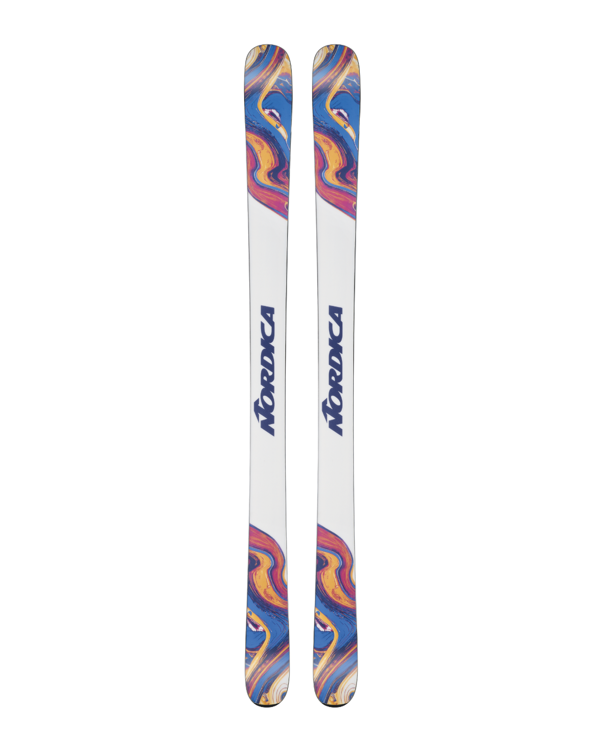 Nordica Unleashed 98 CA freerideskidor i blått och mönstrad design.