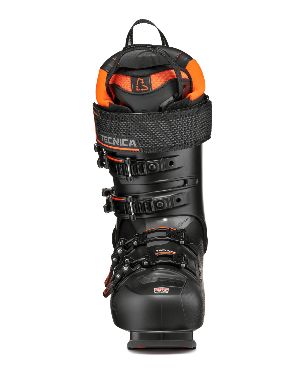 Tecnica Mach1 MV 110 TD2 alpinpjäxa i svart med orange detaljer framifrån