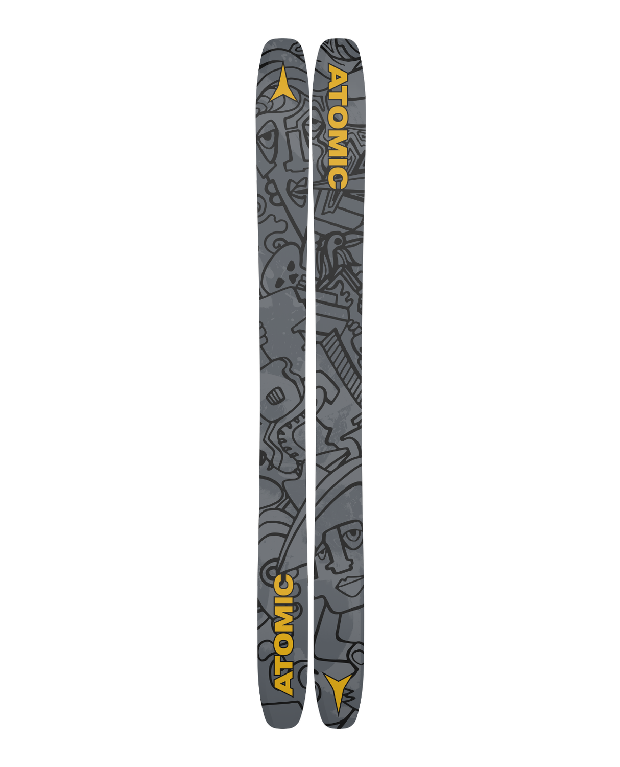 Atomic Bent Chetler 120 26/27 freerideskidor med grå konstnärlig grafik och gula detaljer för djupsnö.