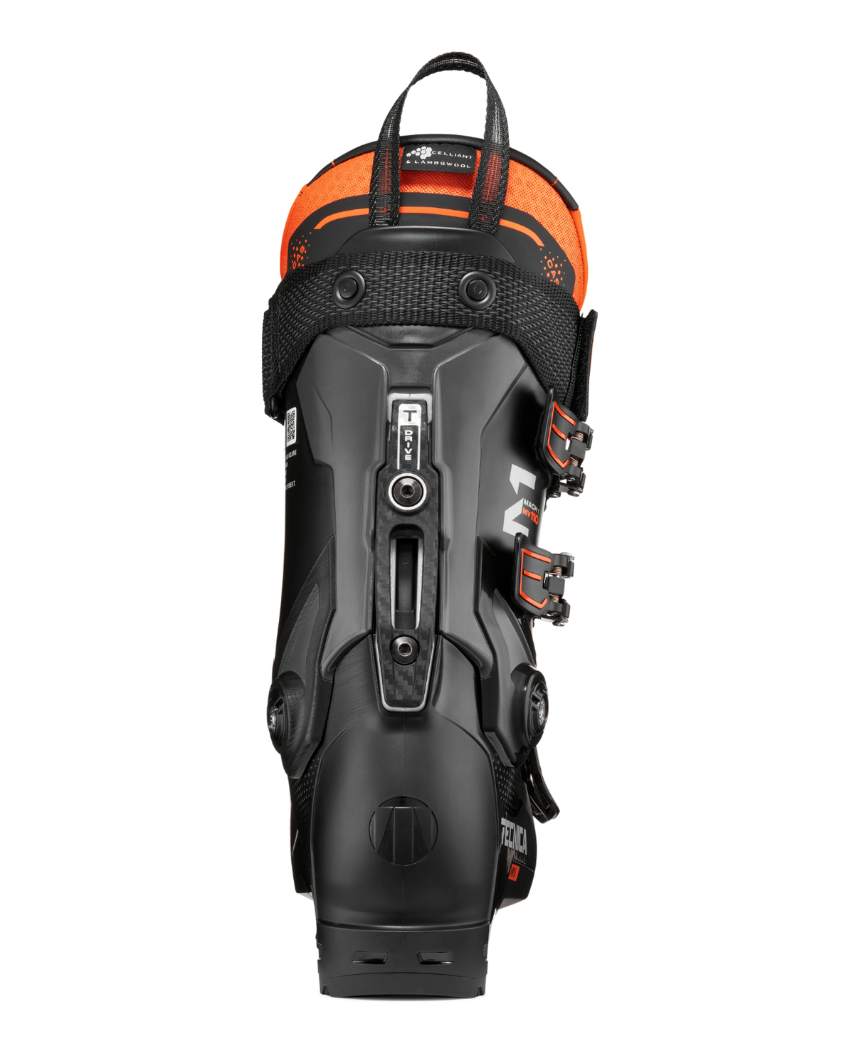 Tecnica Mach1 MV 110 TD2 alpinpjäxa i svart design, visad bakifrån med fokus på T-Drive-systemet.