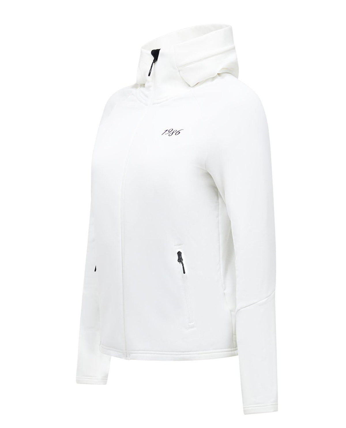 Peak Performance 40Y Rider Zip Hood dam i offwhite färg, visad från sidan.