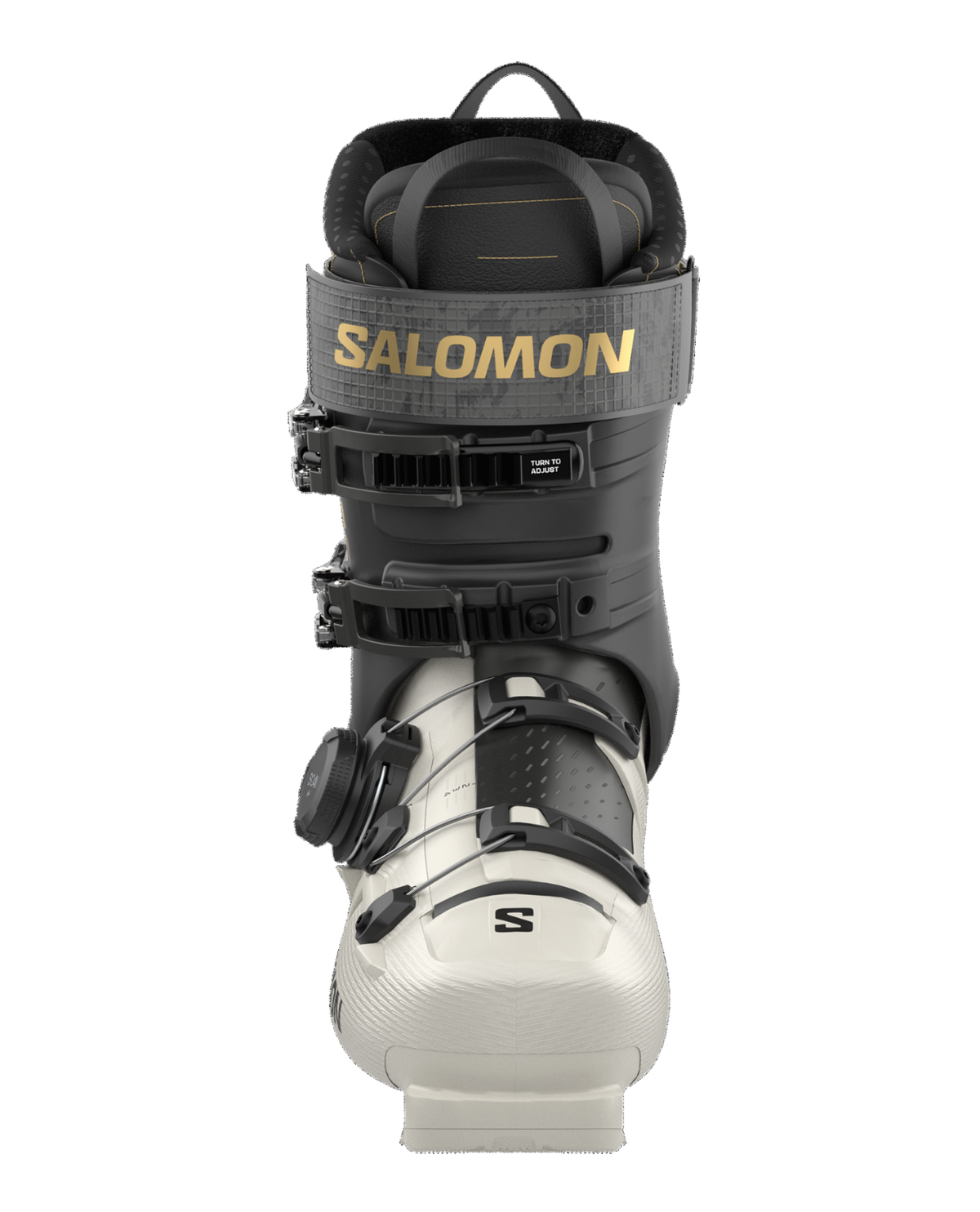 Salomon S/Pro Supra S BOA 105 damtoffel i grått och svart med BOA-spänne framifrån.