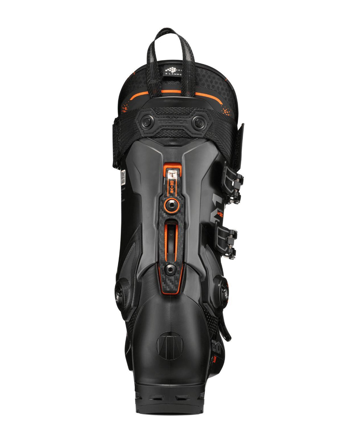 Tecnica Mach1 LV 120 TD2 alpinpjäxa bakifrån i svart och orange färg.