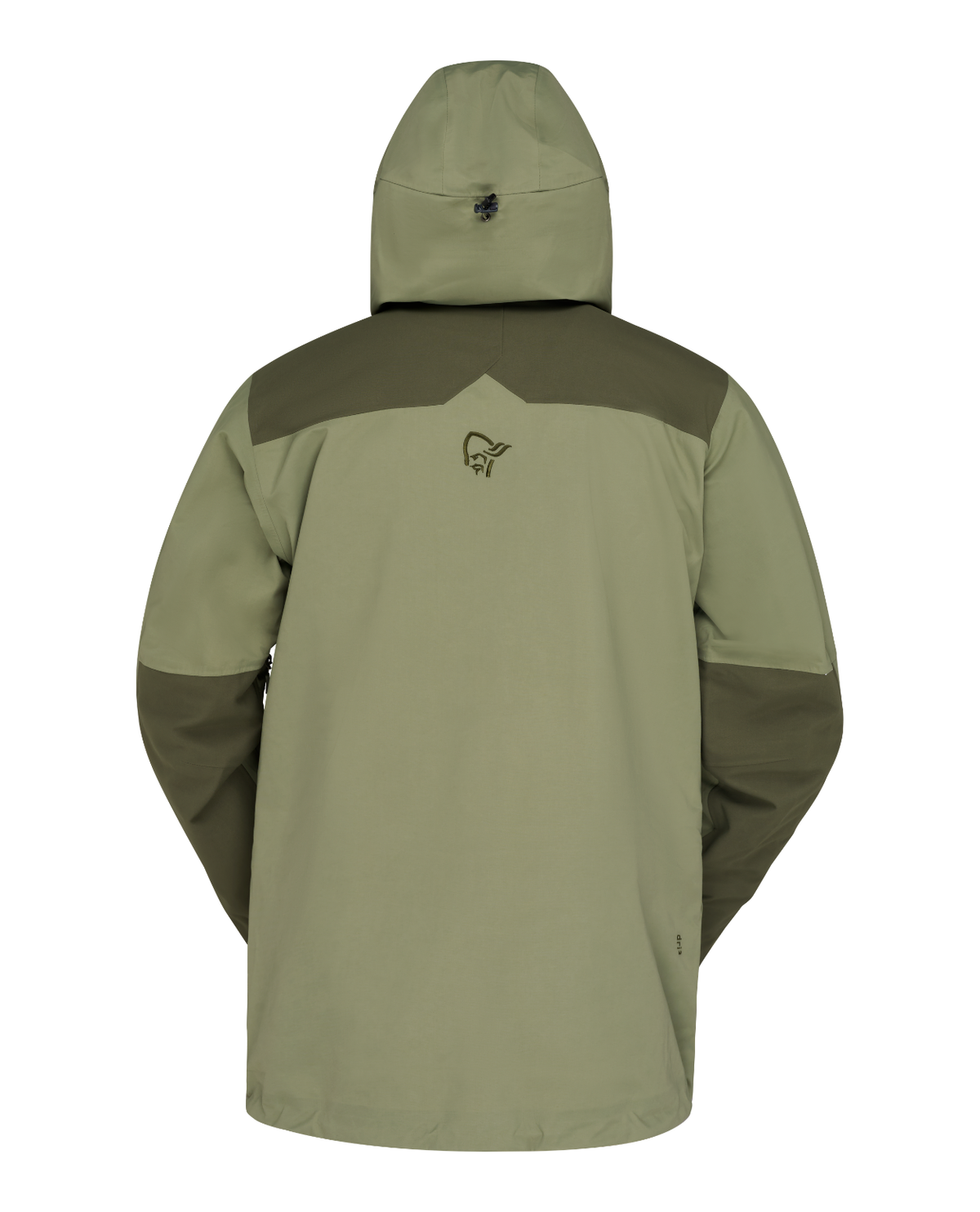 Norrøna Tamok dri3 Jacket Men i färgerna Olive Night och Deep Lichen Green ses bakifrån.