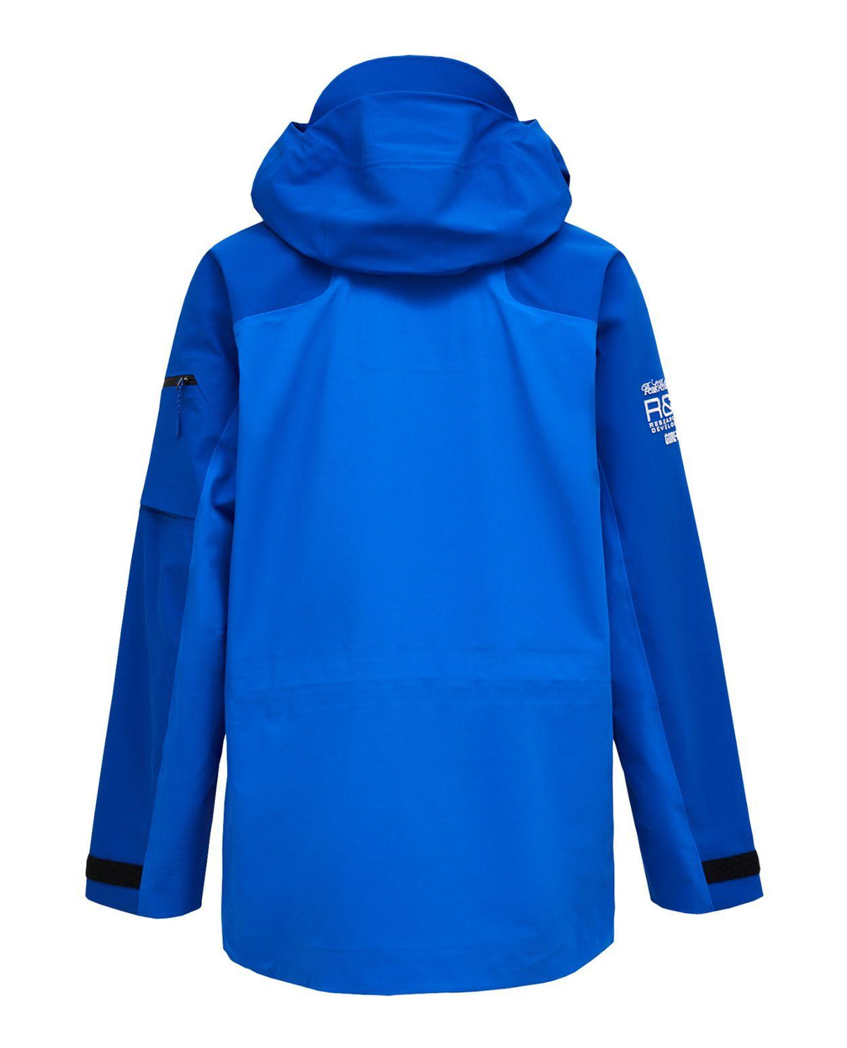 Peak Performance 40Y R&D Long Gore-Tex Shell Jacket Men i Ice Peak Blue och Island Blue ses bakifrån.