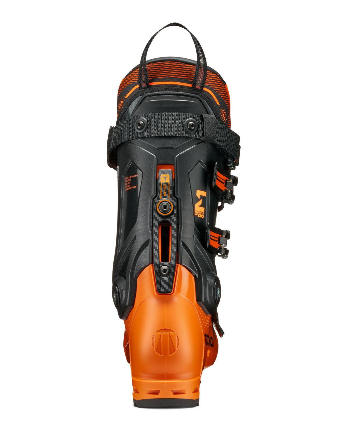 Tecnica Mach1 LV 130 alpinpjäxa sedd bakifrån i orange och svart färg.