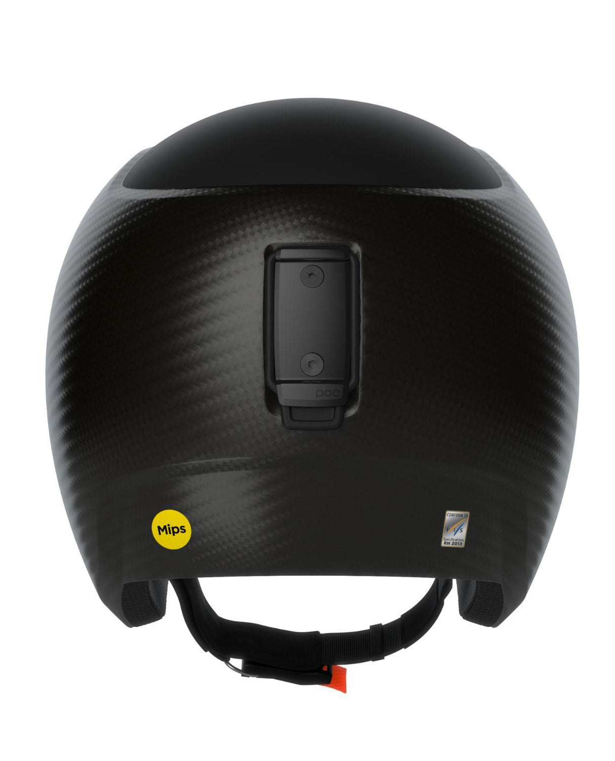 POC Super Skull kolfiberhjälm i svart design visad bakifrån med goggleklämma och Mips-detaljer.