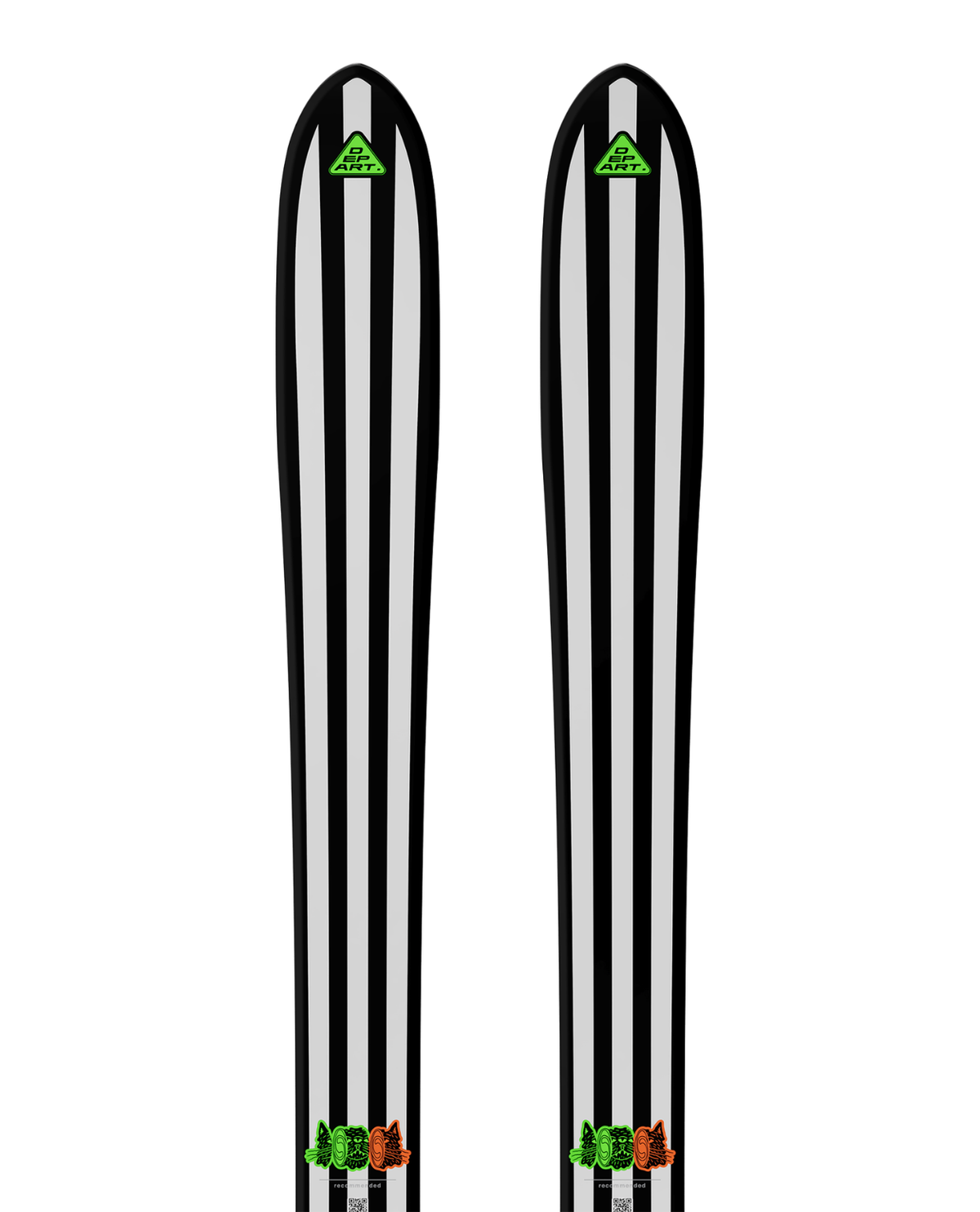Salomon départ. 01 parkskidor med svart-vitrandig design och neongröna detaljer.