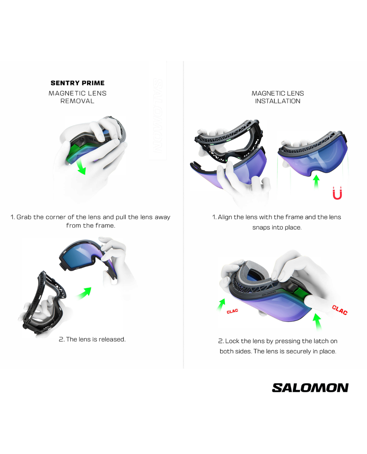 Instruktionsbild som visar hur man byter lins med magnetfäste på Salomon Sentry Prime Sigma - Huckleberry.