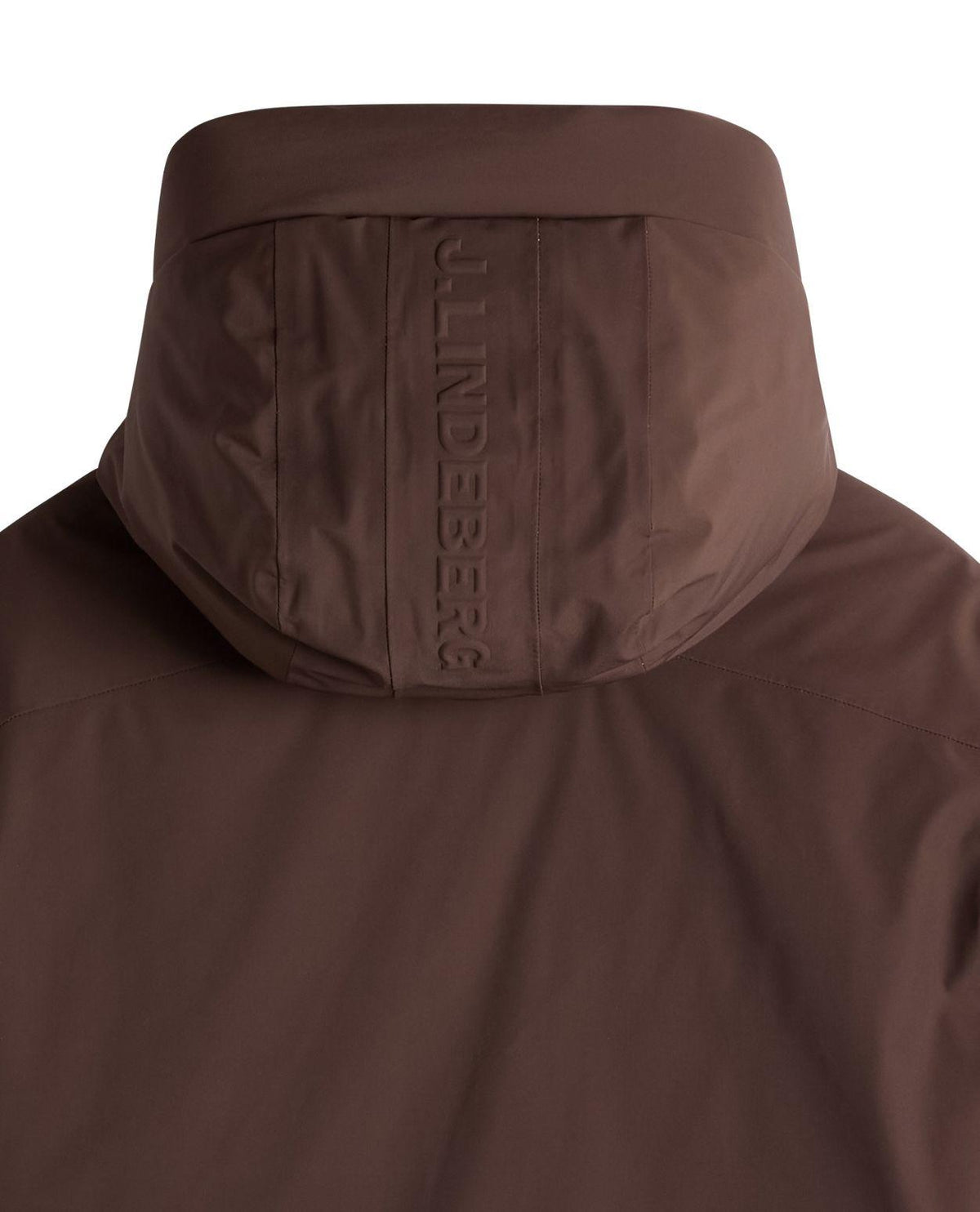 J.Lindeberg Oak Down Jacket Men Seal Brown - Detaljbild på huva med logotyp