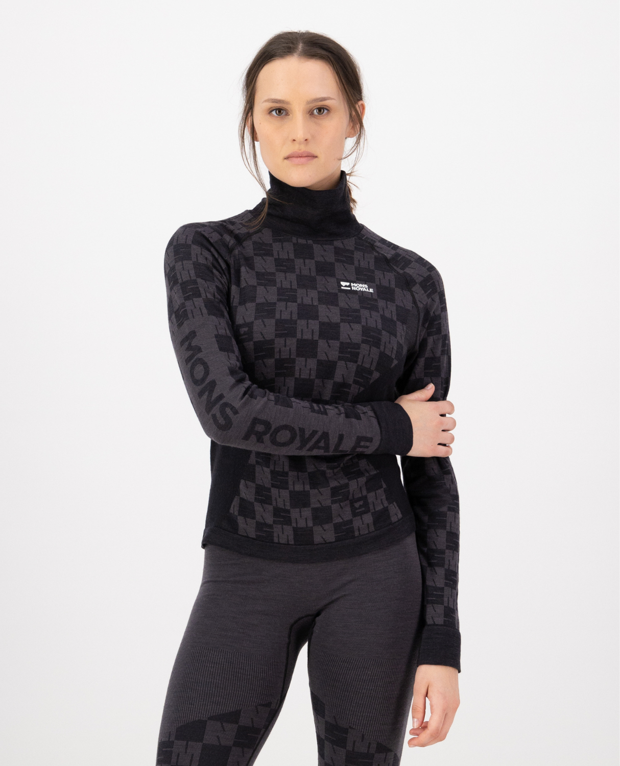 Mons Royale Womens Ascender Merino Seamless Mock Neck Long Sleeve - Forged Iron / Black