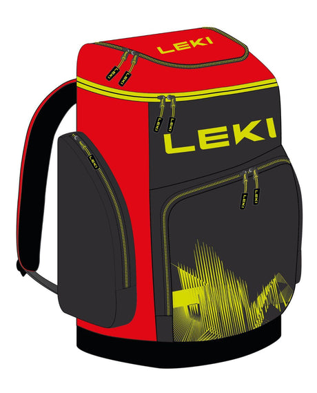 Leki Skiboot Bag WCR 85L i rött och svart med neongula detaljer, optimerad pjäxbag för alpina tävlingsåkare.