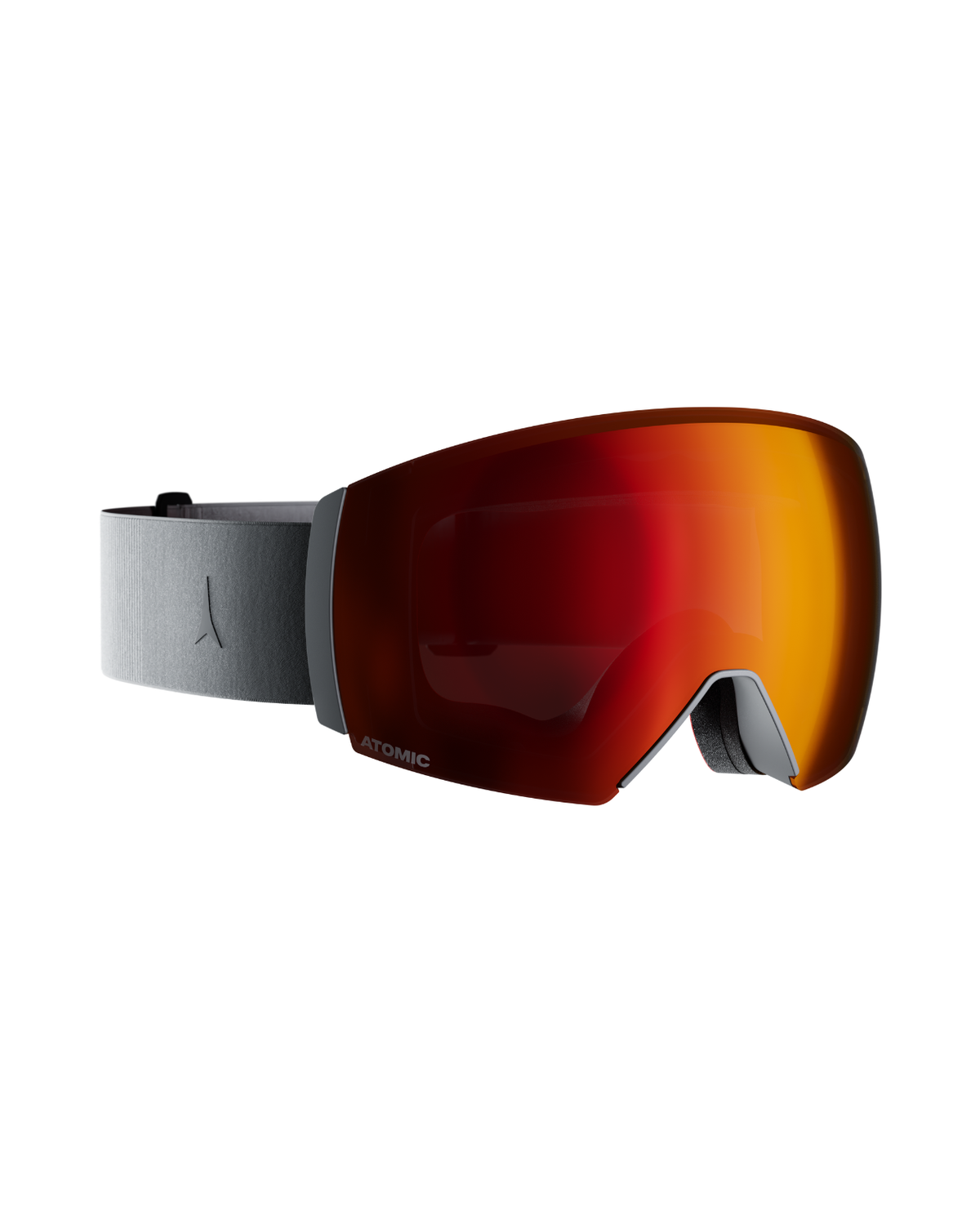 Atomic Revent Q L HD skidglasögon i Limestone med rödorange spegelglas och grå rem för alpina skidåkare.