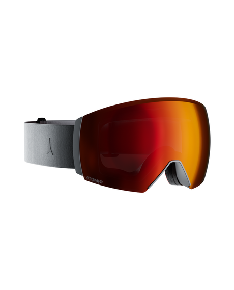 Atomic Revent Q L HD skidglasögon i Limestone med rödorange spegelglas och grå rem för alpina skidåkare.