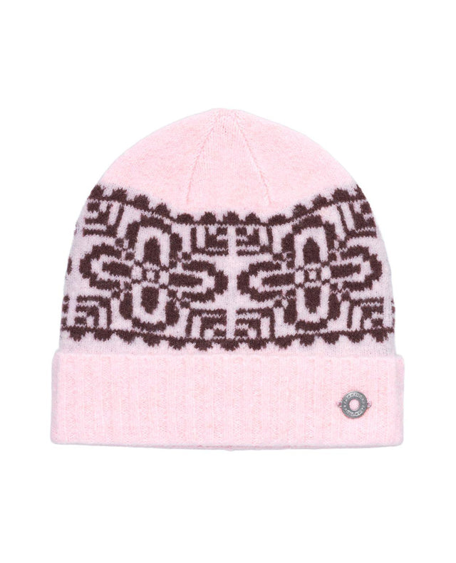 Kari Traa Disa Beanie i rosa med skandinaviskt mönster och uppvikt kant.