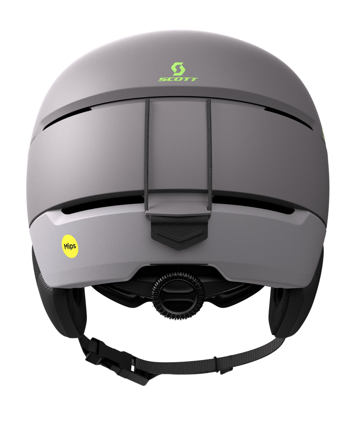 Baksidan av skidhjälmen Scott Flow Mips i färgen Evening Grey/Glow Green, som visar det justerbara HALO Fit System för en exakt passform samt fästet för goggles. Finns i storlek S, M och L. - Alpingaraget.