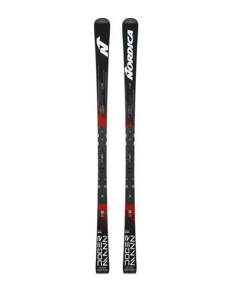 Nordica Dobermann Multigara Dept pistskidor i svart och rött med platta framifrån.