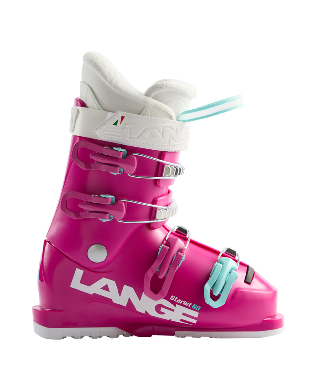 Lange Starlet 60 juniorpjäxor i rosa design med vita och ljusblå detaljer mot vit bakgrund.