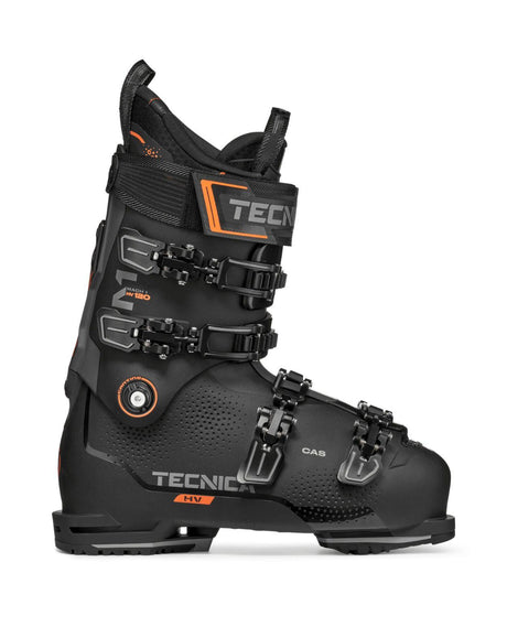 Tecnica Mach1 HV 120 TD är en svart alpinpjäxa med orangea detaljer för breda fötter.