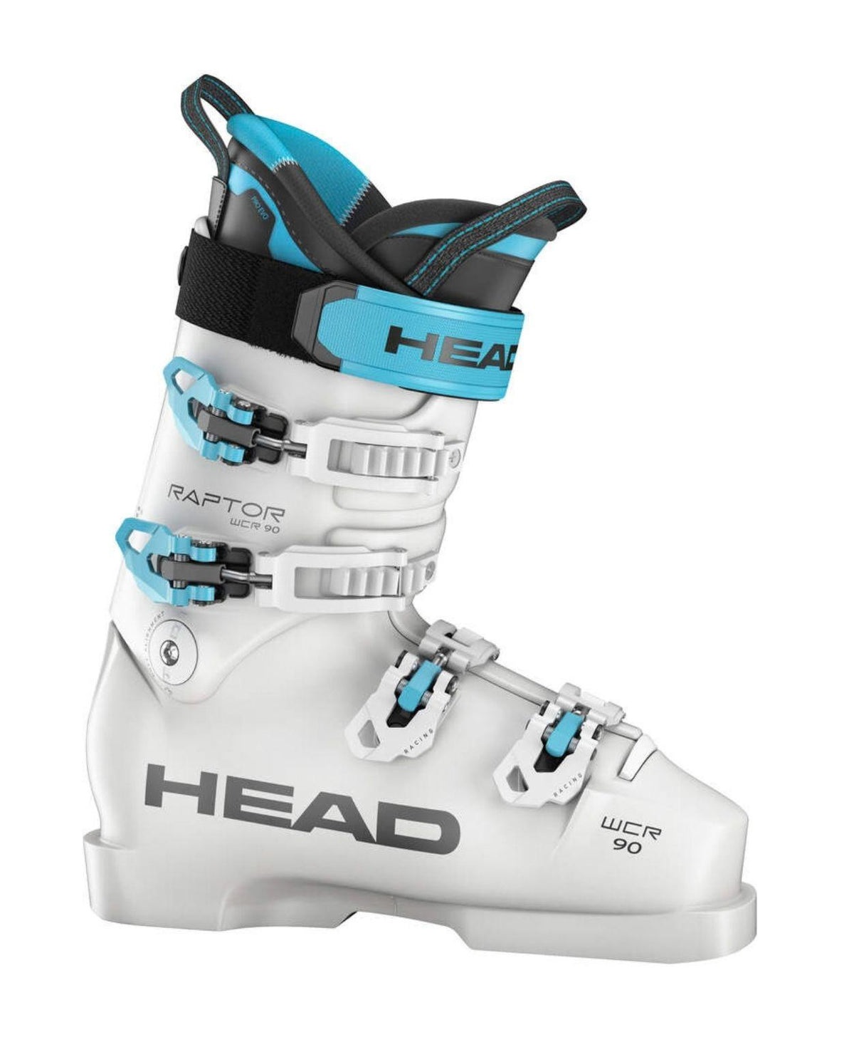 Head Raptor WCR 90 PV juniorpjäxa i vit design med svarta och blå detaljer från Alpingaraget