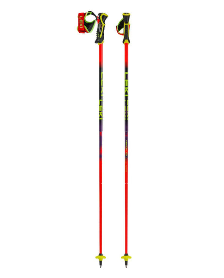 Leki Venom SL TR slalomstavar för tävlingsåkare i rött, violett och neongult med Trigger 3D-system.