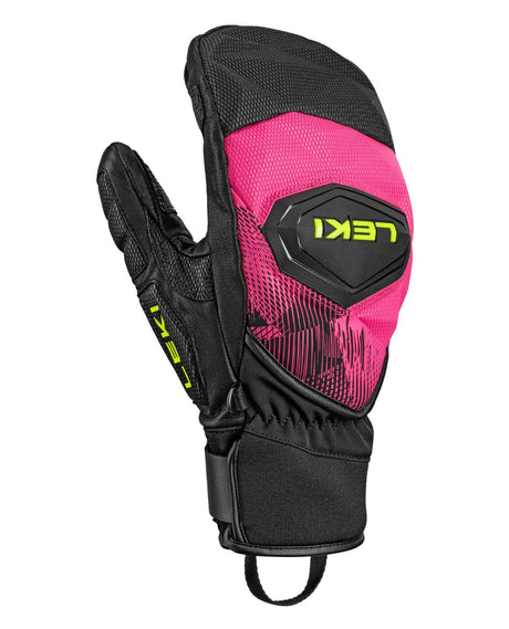 Leki WCR Pro Zero Mitt i neonrosa, svart och gult, robust racingvante med skydd för alpina tävlingsåkare.