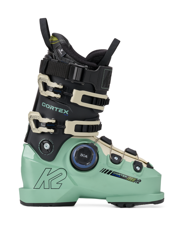 K2 Cortex 105 BOA Women - damernas alpina skidpjäxa i svart och mintgrön färg med BOA-spännsystem.