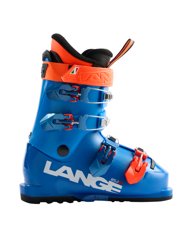 Lange RSJ 65 juniorpjäxa i blått med orangea detaljer och fyra spännen.