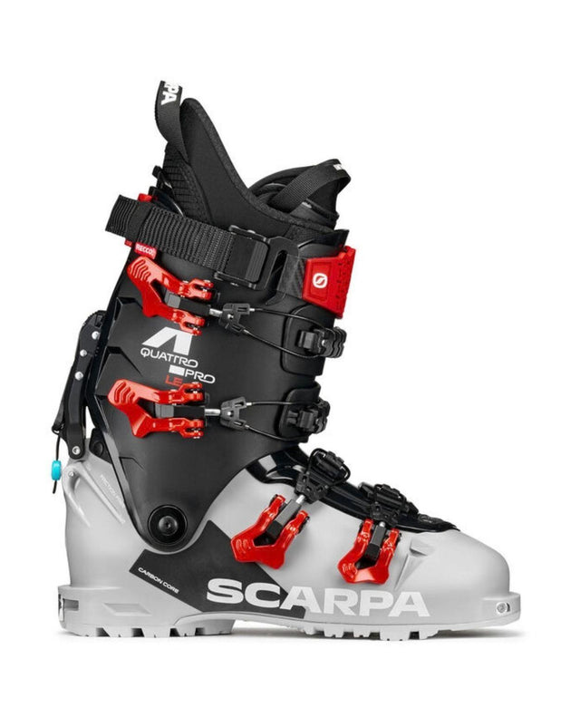 Scarpa 4-QUATTRO PRO LE toppturspjäxa i grått och svart med röda spännen.