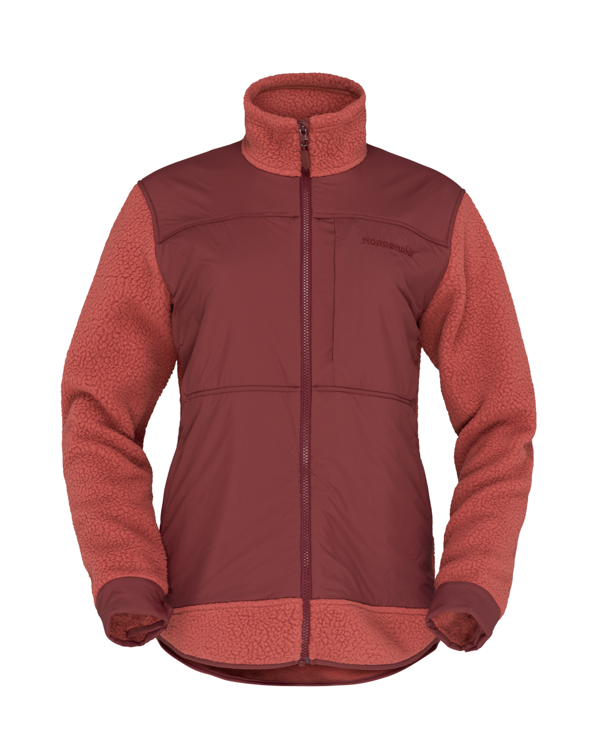 Norrøna Tamok warm3 Jacket Women i vinrött för damer, en varm fleecetröja för skiddagar.