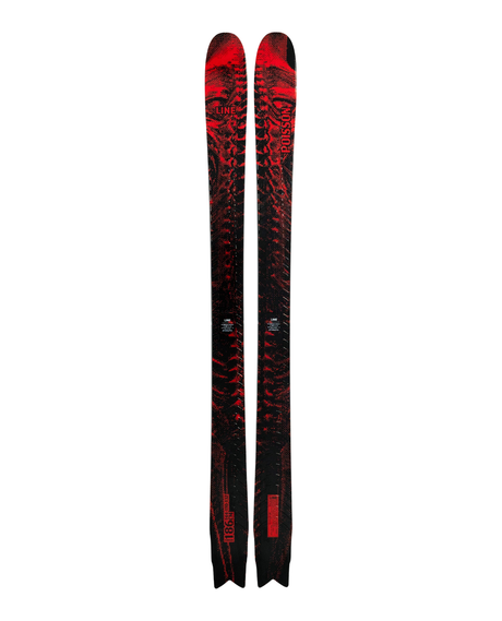 Line Poisson 26/27 freerideskidor i rött och svart med mönster och step tail-design.