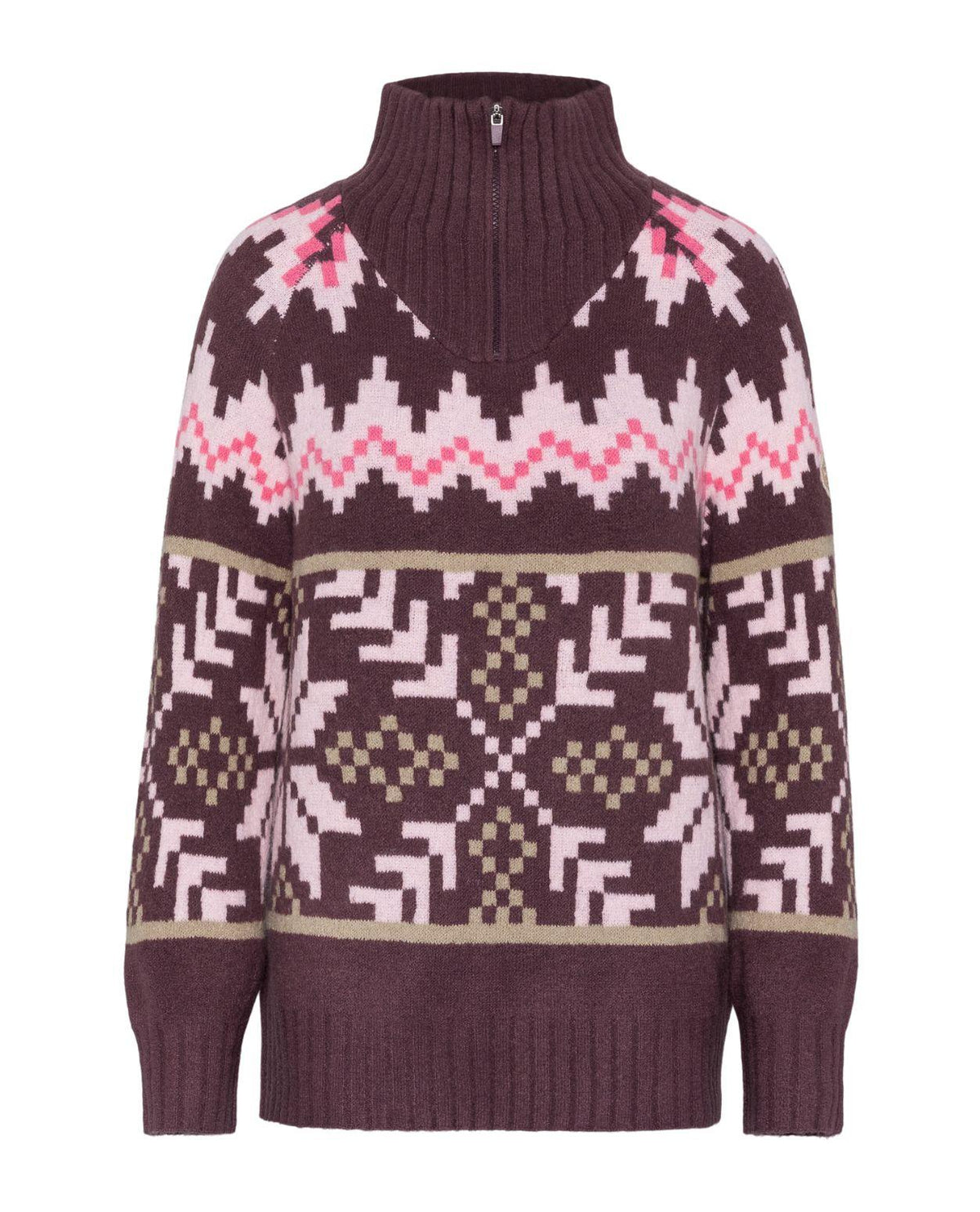Kari Traa Amelia Knit - Cocoa Powder brun stickad tröja med mönster och hög krage med dragkedja.