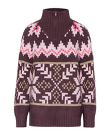 Kari Traa Amelia Knit - Cocoa Powder brun stickad tröja med mönster och hög krage med dragkedja.