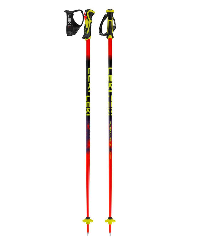 Leki WCR Evo Lite SL TR juniorracingstavar för slalom i rött, violett och neongult med Trigger 3D-system.