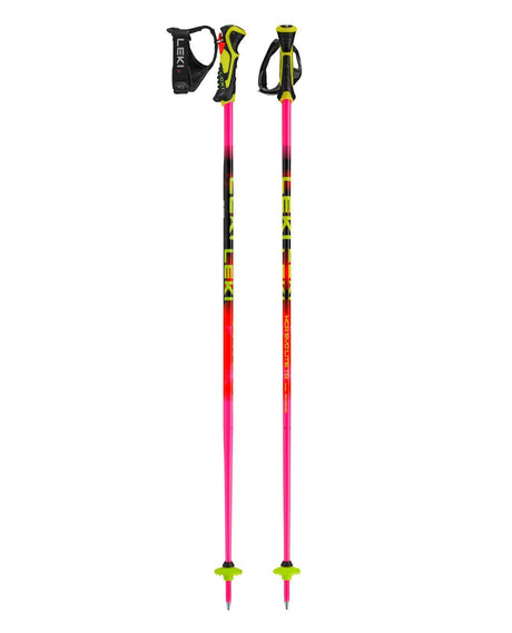 Leki WCR Evo Lite SL TR racingstavar för juniorer i neonrosa och orange med det säkra Trigger 3D-systemet.