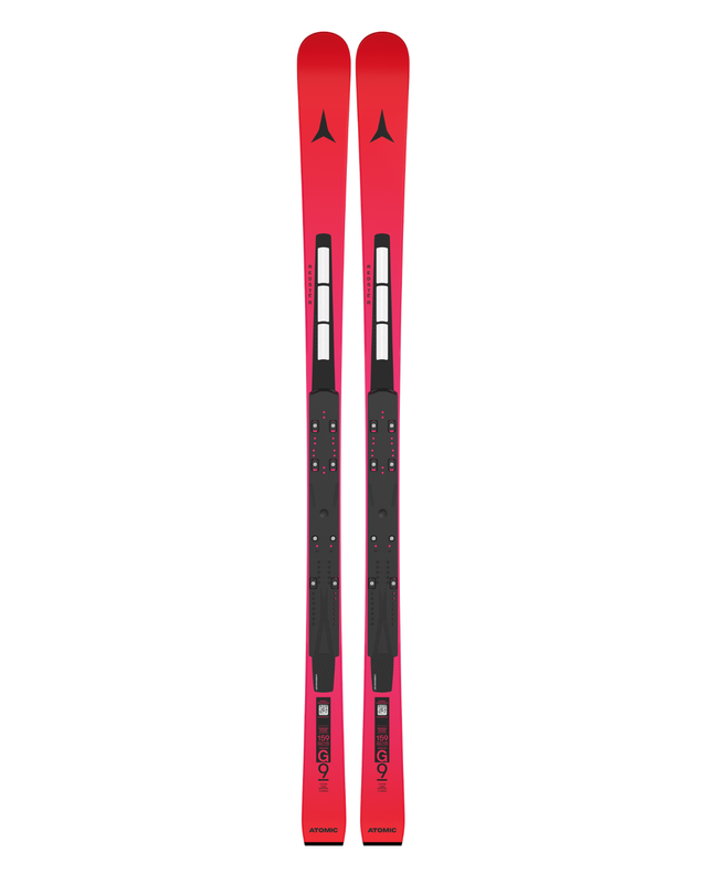 Röda Atomic Redster G9 FIS Revoshock J-RP junior-GS-skidor med stabil raceplatta för tävlingsåkning.